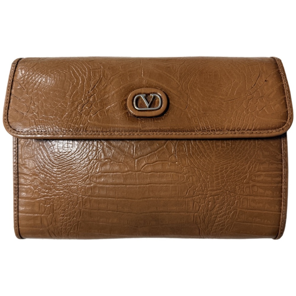 Valentino Garavani Tan Croc-Embossed Leather Clutch with Retractible Strap